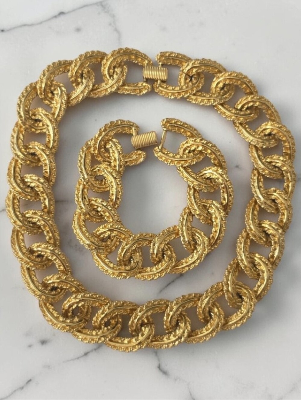 Vintage Gold Tone Chunky Runway Textured Link Necklace & Bracelet Set Statement